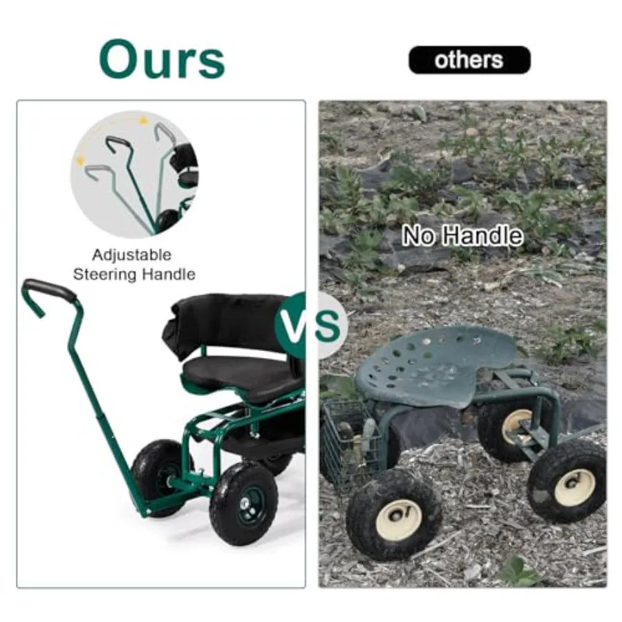 Garden Cart for Patio Backyard Lawn Outdoor Use: Green Steel Frame with Soft Rolling Seat Wheels Adjustable Steering Handle Uti