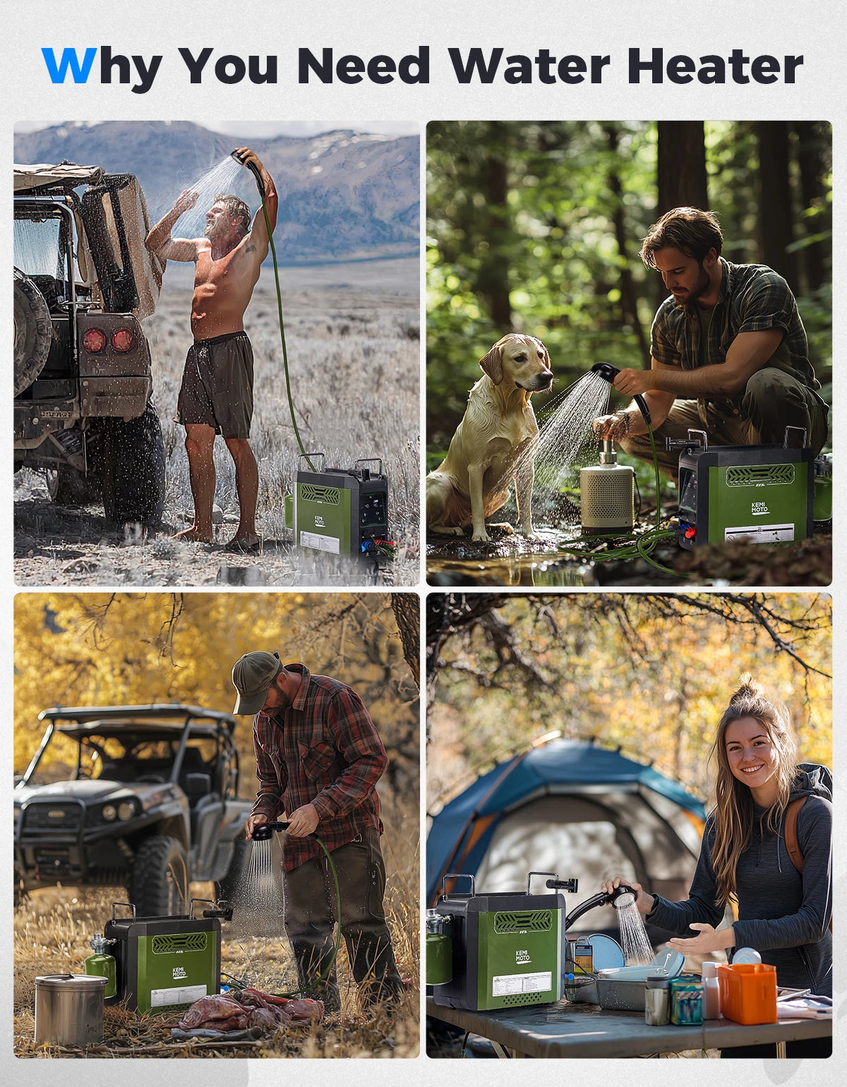 UTV Portable Shower Botane Outdoor Water Heater with Pump Max 100 Mins 3s Instant Hot 20,000 BTU 4000mAh Rechargeable Battery