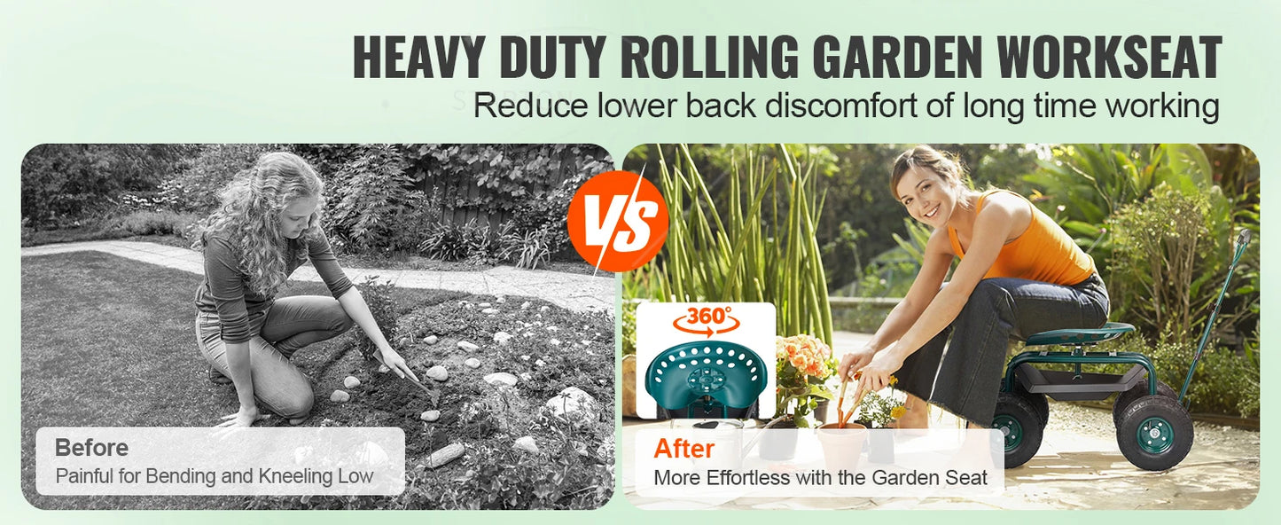 Rolling Workseat with Wheels Gardening Stool for Planting Degree Swivel Seat Wagon Scooter with Steering