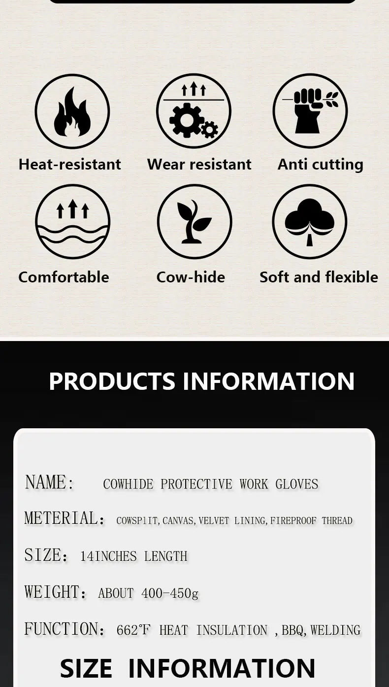 14 Inch Welding Gloves For Welder Work Gloves Thick Cow Split Leather Heat Resistant Oven BBQ Gloves For Grill Heat Insulation