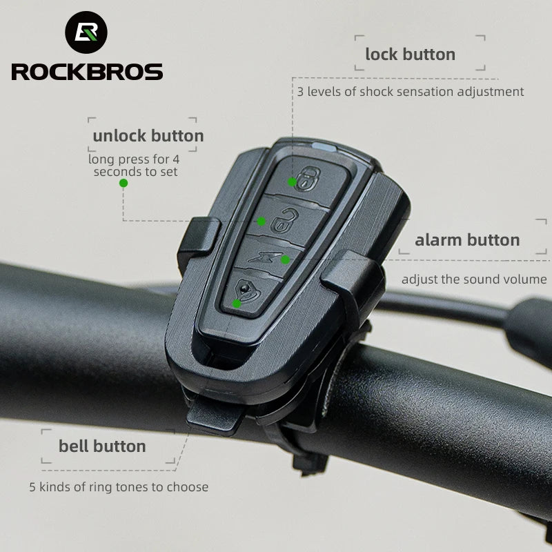ROCKBROS Bicycle Bell Type-C Vibration Anti Theft Electric Bike Alarm Horn with Wireless Remote Control Security Alarm System