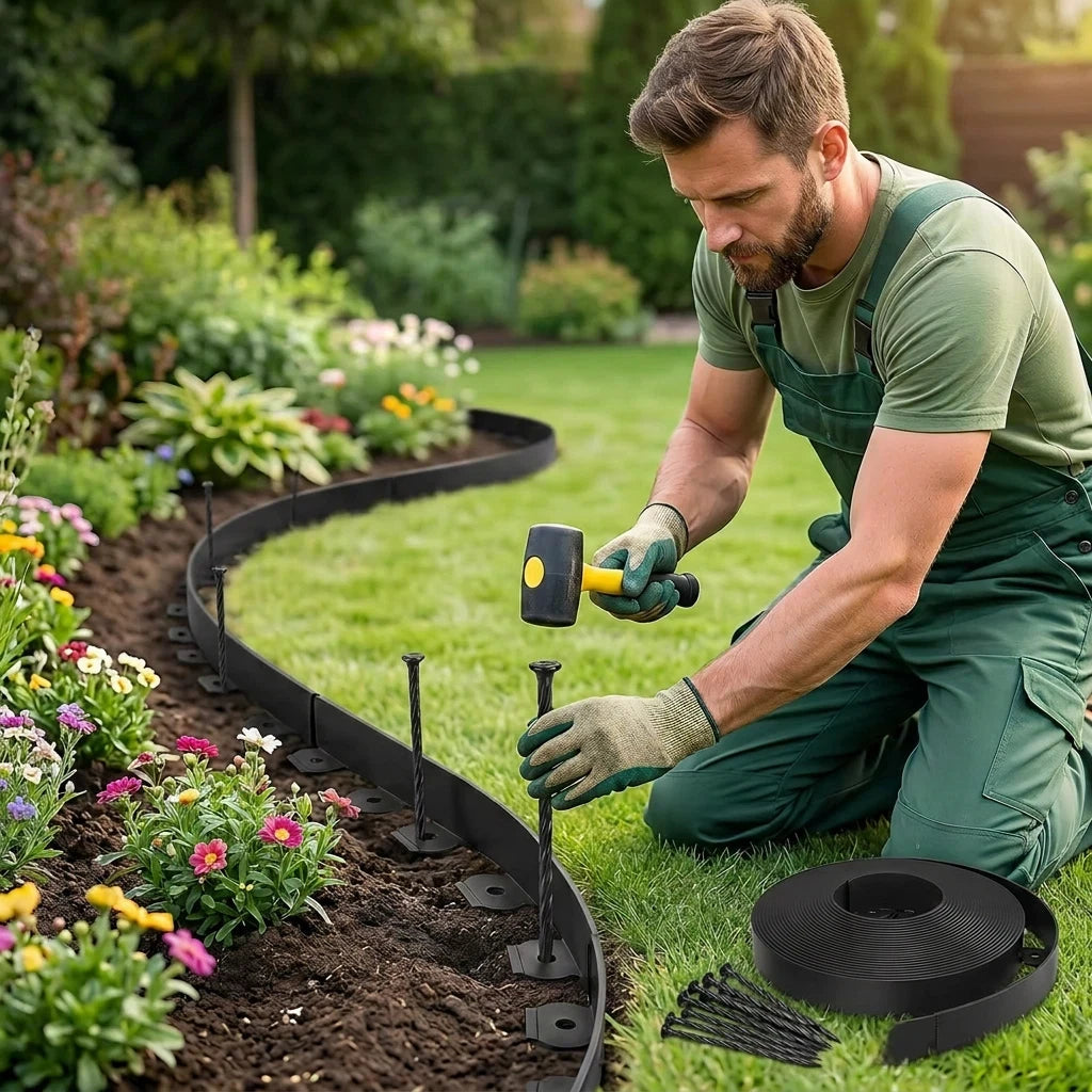 33FT - 100FT No-Dig Landscape Edging with Anchoring Spikes, 1.5 in. Tall Straight Top Plastic Garden Border Foot Kit, Black
