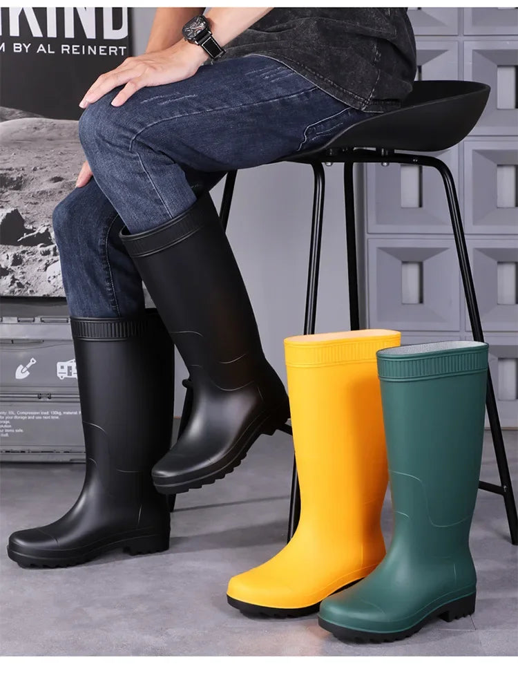Men's Fashionable Long Tube Rain Boots Anti-Slip Waterproof Wear-Resistant Outdoor Fishing Car Wash Thick Bottom Shoes