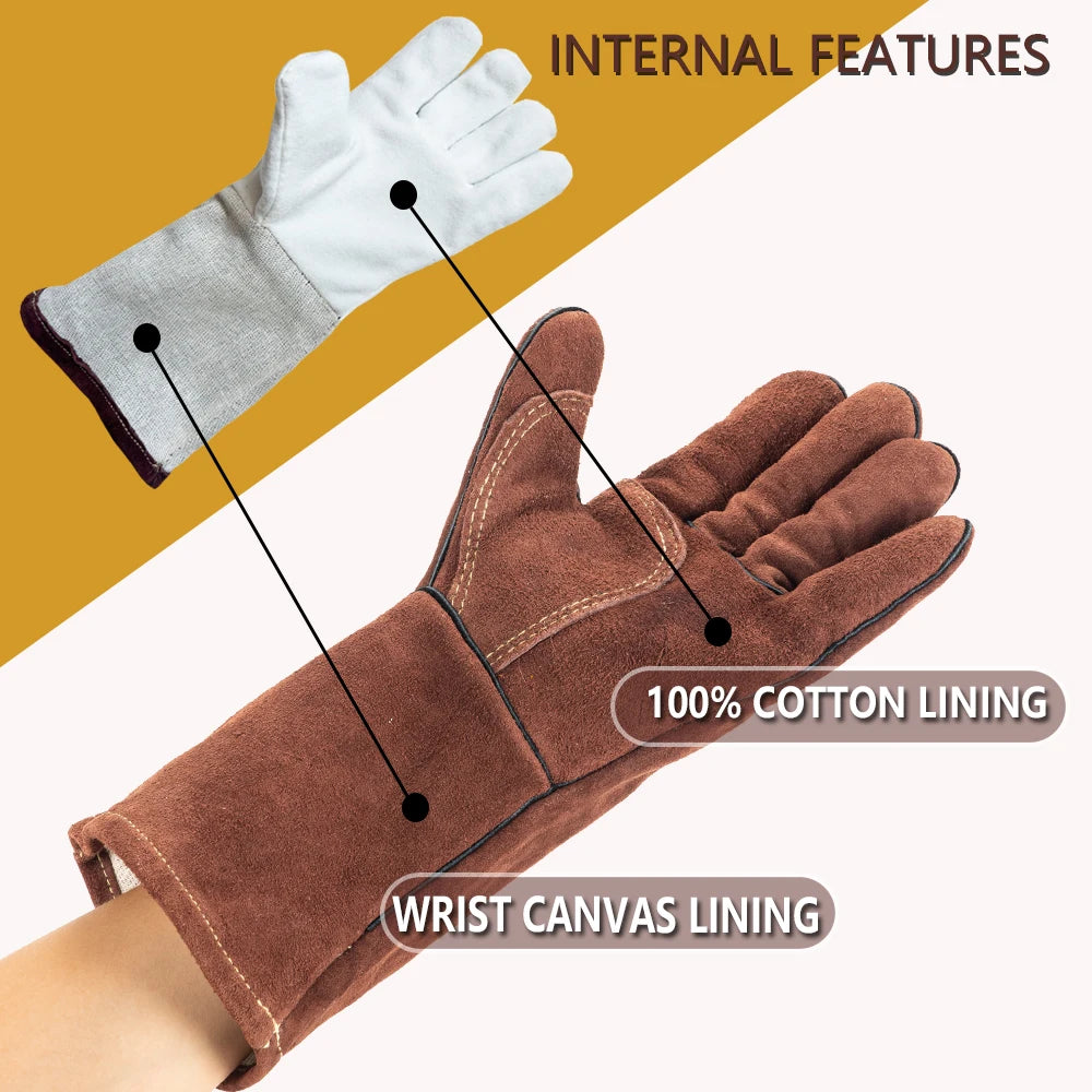 14 Inch Welding Gloves For Welder Work Gloves Thick Cow Split Leather Heat Resistant Oven BBQ Gloves For Grill Heat Insulation