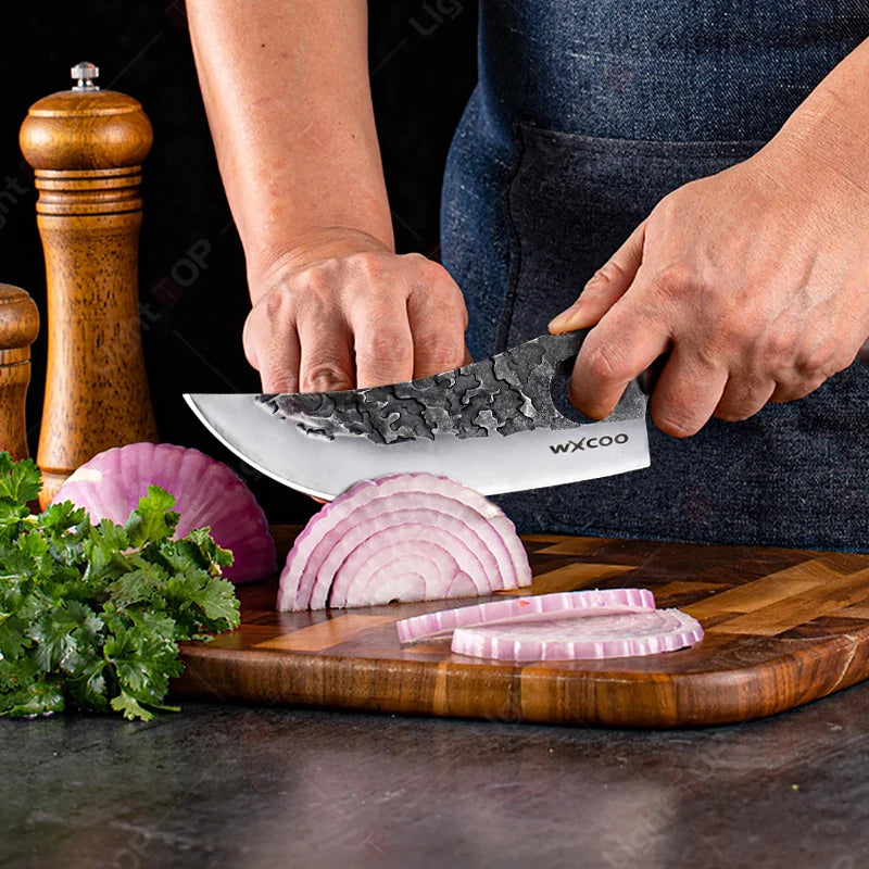 WXCOO Professional Kitchen Boning Knife Wooden Handle BBQ Knives Meat Eating Knife Butcher Knife Hammered Forged Stainless Steel