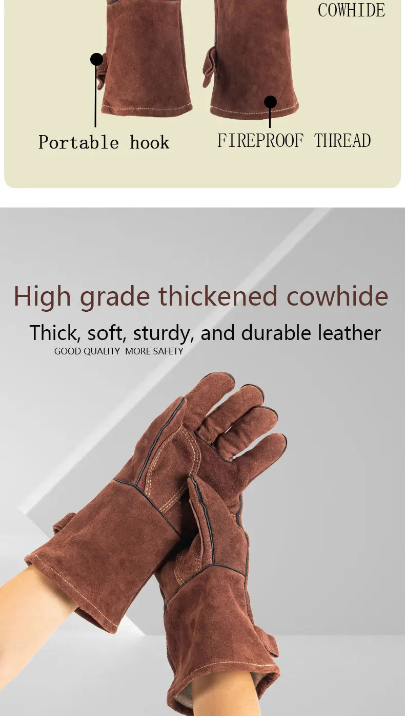 14 Inch Welding Gloves For Welder Work Gloves Thick Cow Split Leather Heat Resistant Oven BBQ Gloves For Grill Heat Insulation