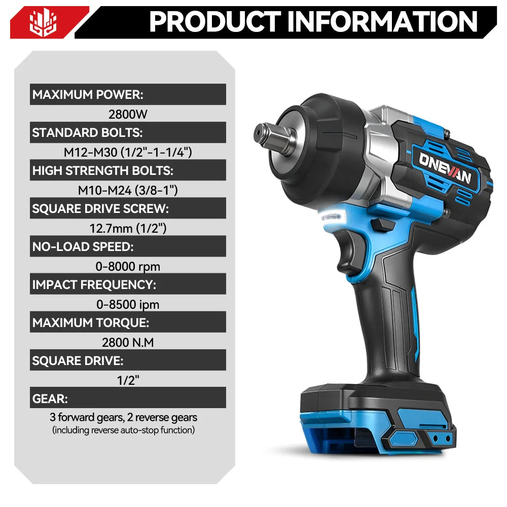 ONEVAN 2800N.M Brushless Cordless Electric Impact Wrench Power Handheld Screwdriver Car Repair Tool For Makita 18V Battery Pin