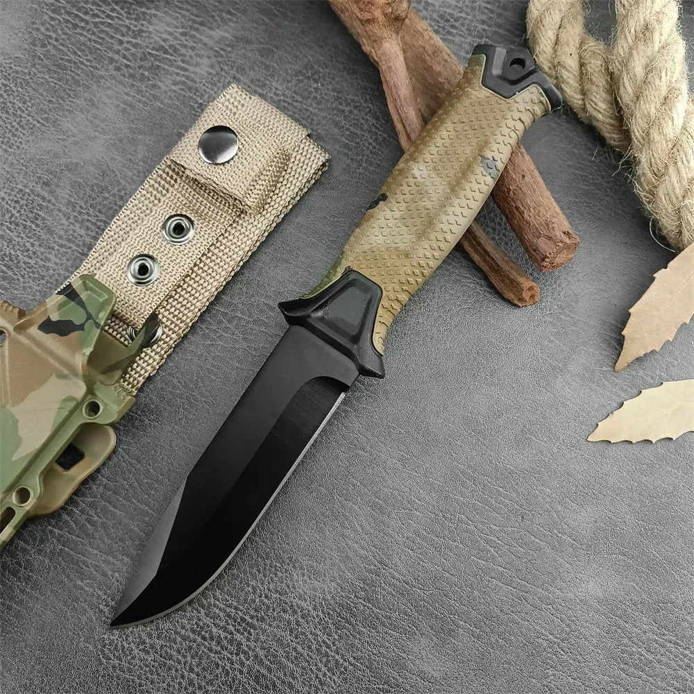 Camouflage GB 1500 StrongArm Full Tang Fixed Blade Knife 8Cr13Mov Black Blade Rubber Handles Tactical Hunting Military Knives