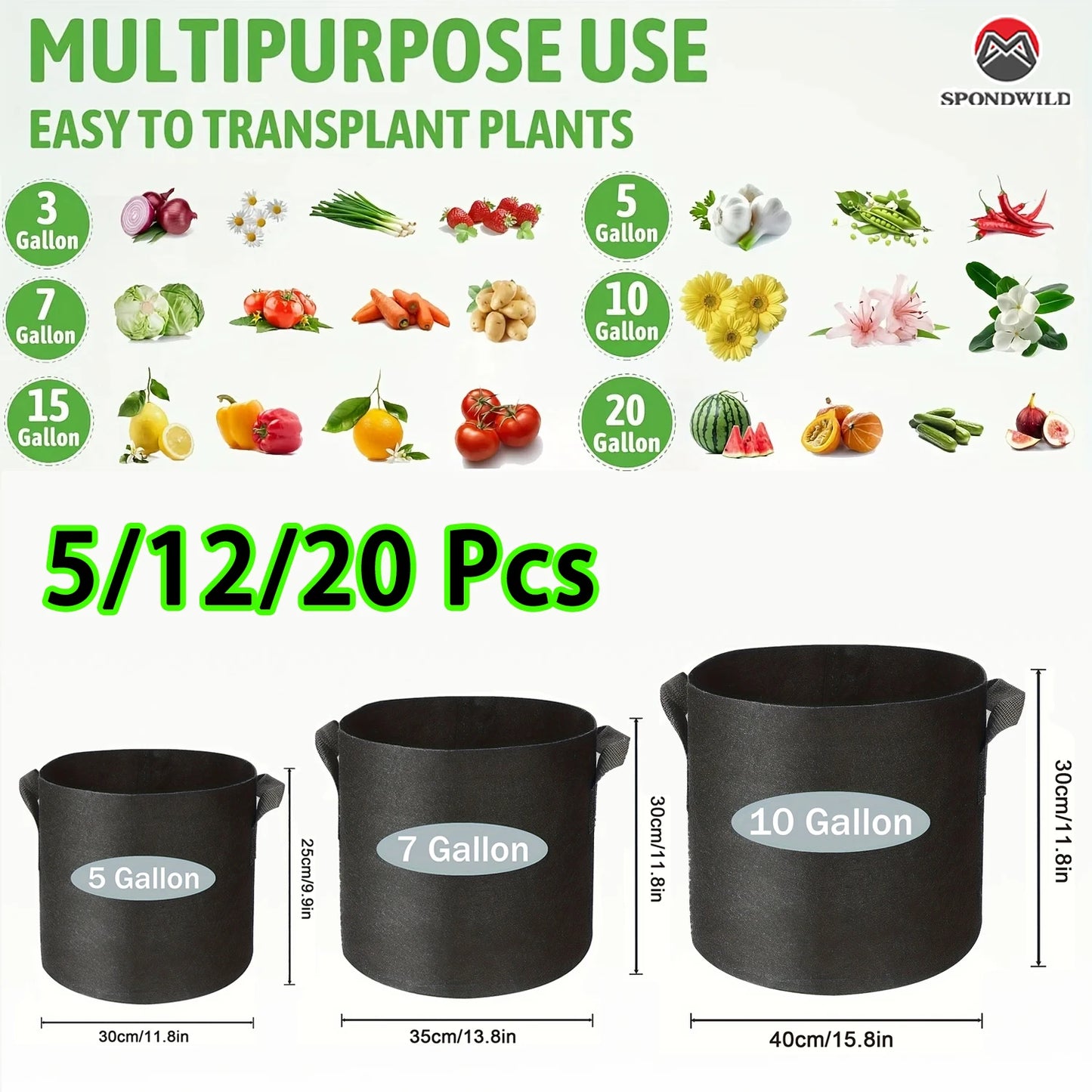 10 Gallon Grow Bags for Vegetable/Flower/Plant, 5 Gallon Aeration Fabric Pots with Handles Cloth Pots for Plants Garden Gift