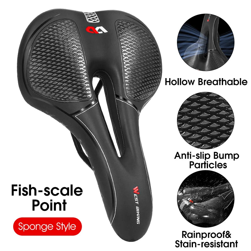 WEST BIKING MTB Bike Bicycle Saddle Rail Hollow Breathable Absorption Rainproof Soft Comfortable Sponge Casual Road Cycling Seat