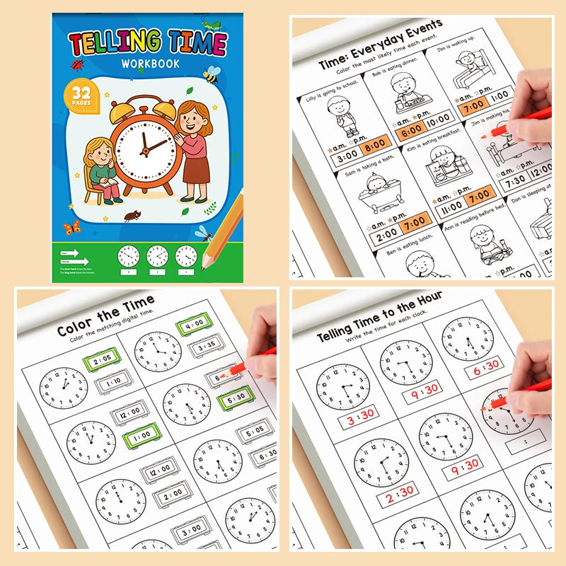 Children's Time Concept Practice Workbook, Suitable for Home School and Kindergarten Activities, Includes Reading and Math Practice Sheets, Perfect for Classroom Teaching and Back-To-School Supplies. Christmas Gifts.