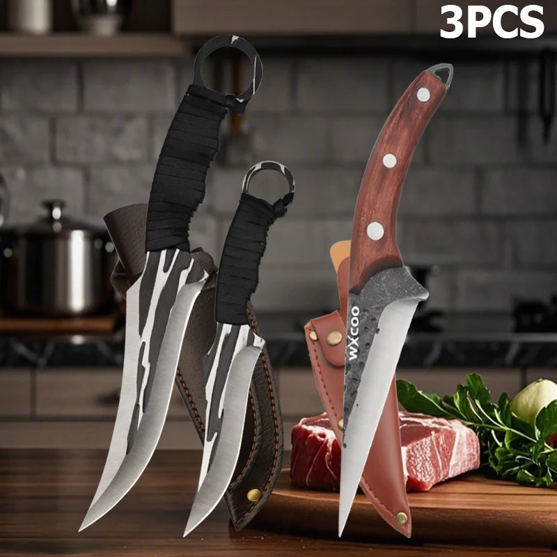 WXCOO Hand-Forged Butcher Knife Stainless Steel Kitchen Knife Full Tang Meat Cleaver Boning Chef Knife for Barbecue Cooking