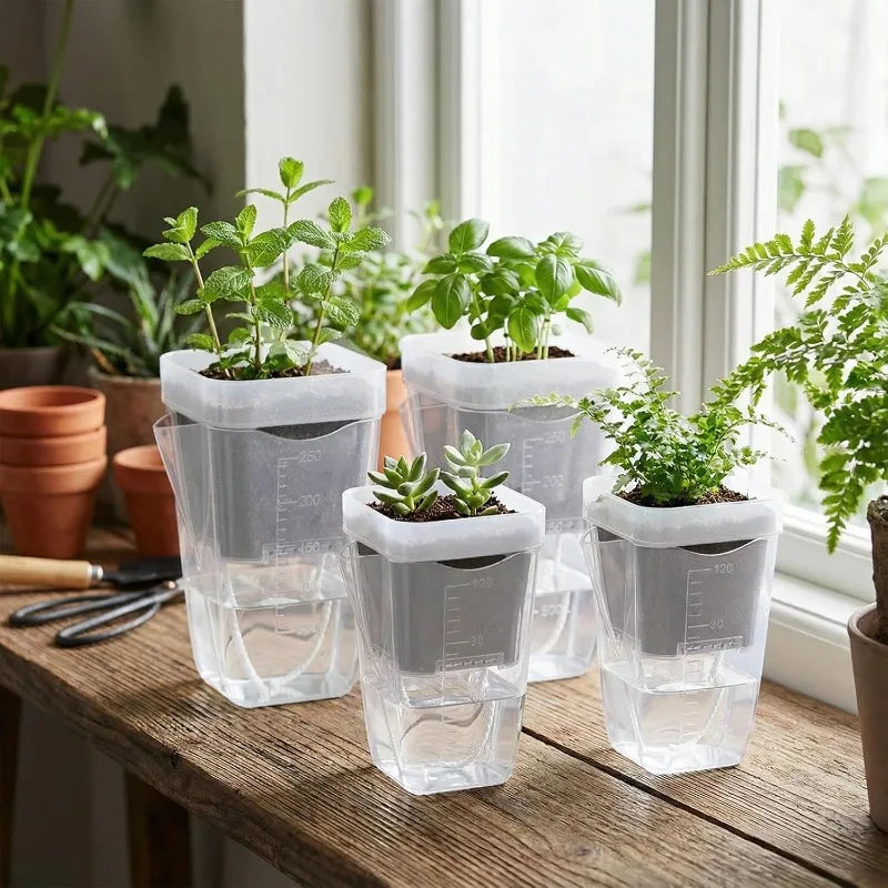 5/1pcs Transparent Self Watering Pots Automatic Absorbent Cotton Wick Plant Pot Garden Seedlings Flowerpot Nursery Cups Planters