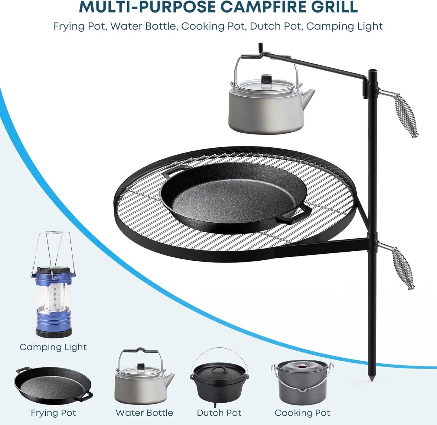 Campfire Grill Grate - Stainless Steel Swing Cooking Stand BBQ Grill, Portable Barbecue Rack for Outdoor Open Fire Cooking