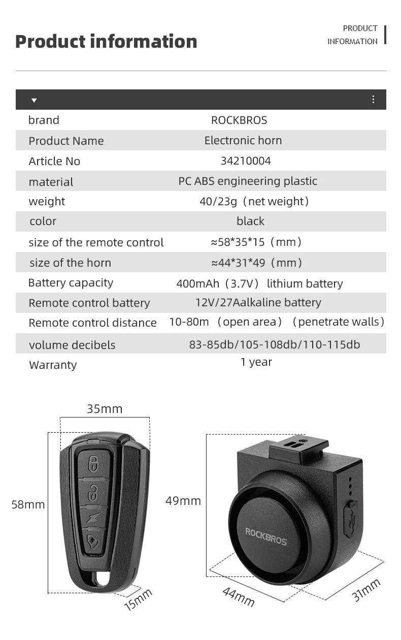 ROCKBROS Bicycle Bell Type-C Vibration Anti Theft Electric Bike Alarm Horn with Wireless Remote Control Security Alarm System