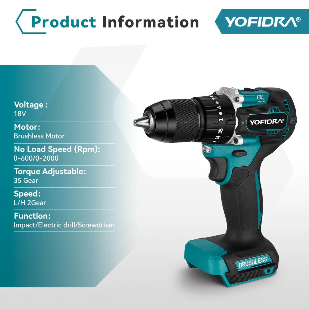 YOFIDRA 13mm 35+3 Torque Brushless Electric Impact Drill Cordless Screwdriver Househeld Power Tool For Makita 18V Battery Pin