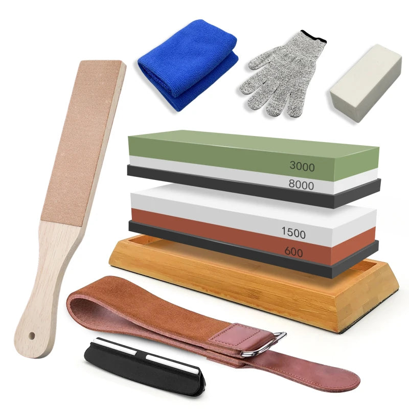 2in1 Professional Sharpening stones Knife sharpener Double-side Whetstone Grinder stone Watster stone Bamboo base Angle guide