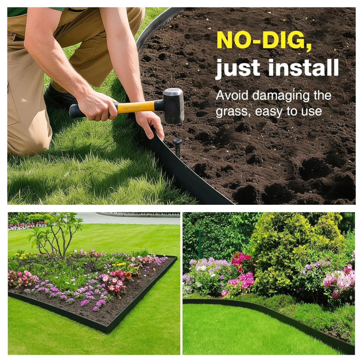 33FT - 100FT No-Dig Landscape Edging with Anchoring Spikes, 1.5 in. Tall Straight Top Plastic Garden Border Foot Kit, Black
