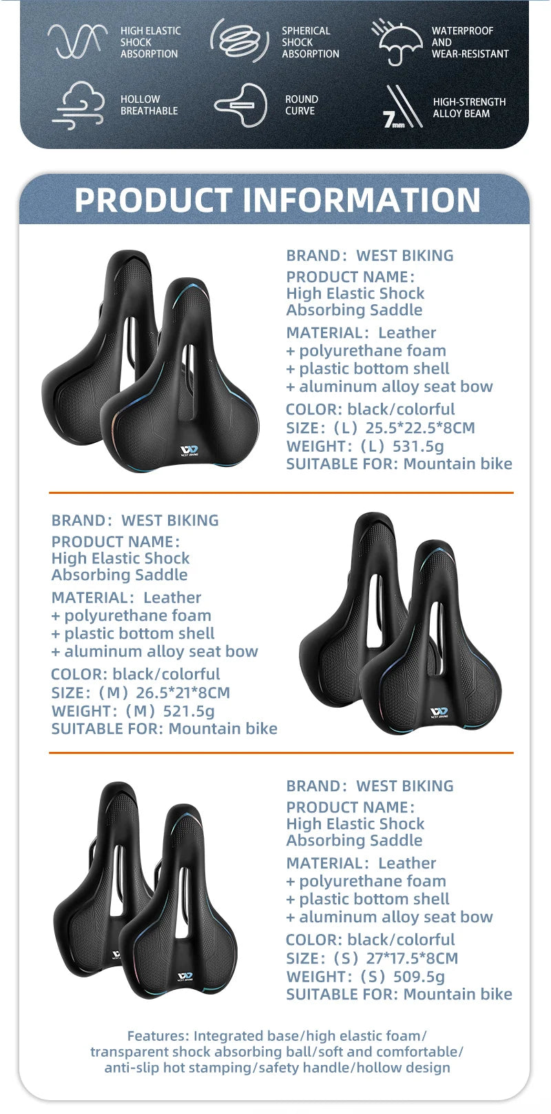 WEST BIKING MTB Bike Bicycle Saddle Rail Hollow Breathable Absorption Rainproof Soft Comfortable Sponge Casual Road Cycling Seat