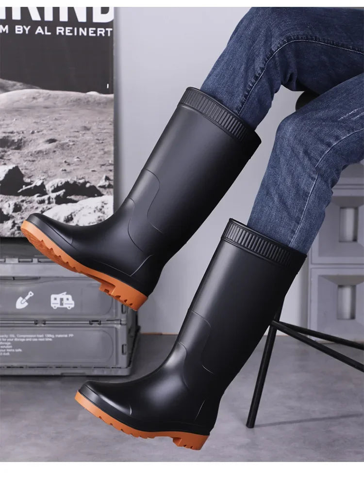 Men's Fashionable Long Tube Rain Boots Anti-Slip Waterproof Wear-Resistant Outdoor Fishing Car Wash Thick Bottom Shoes