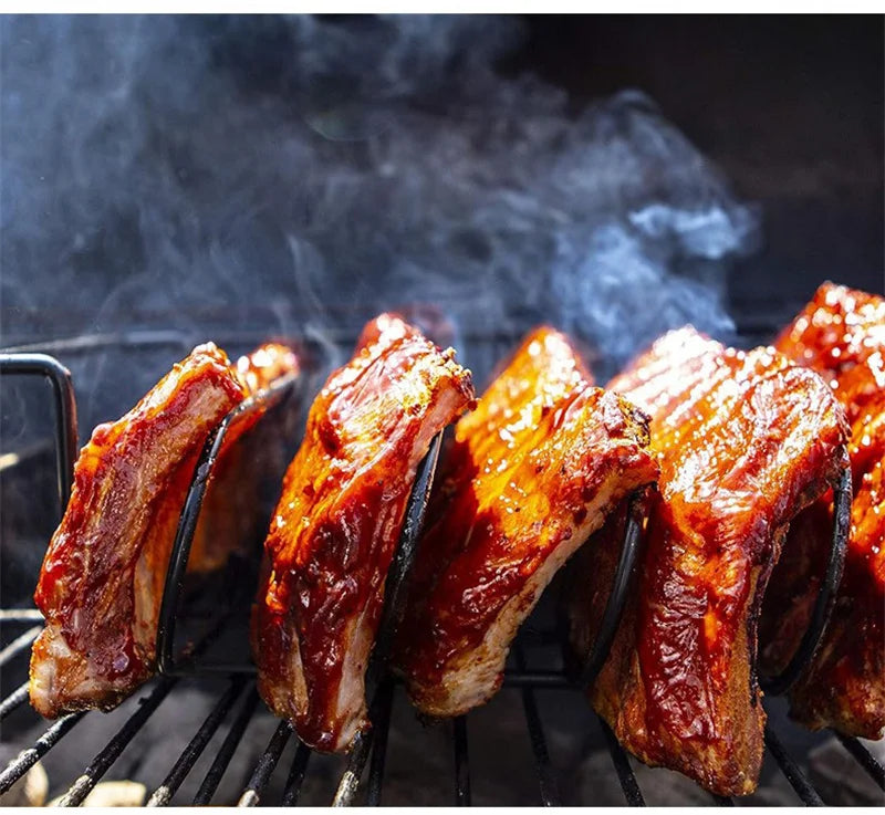 BBQ Steak Racks Non-Stick Coated Steel Roasting Barbecue Rib Meat Lamb Roasting Grilling Stand Holds Outdoor Picnic Rib Rack