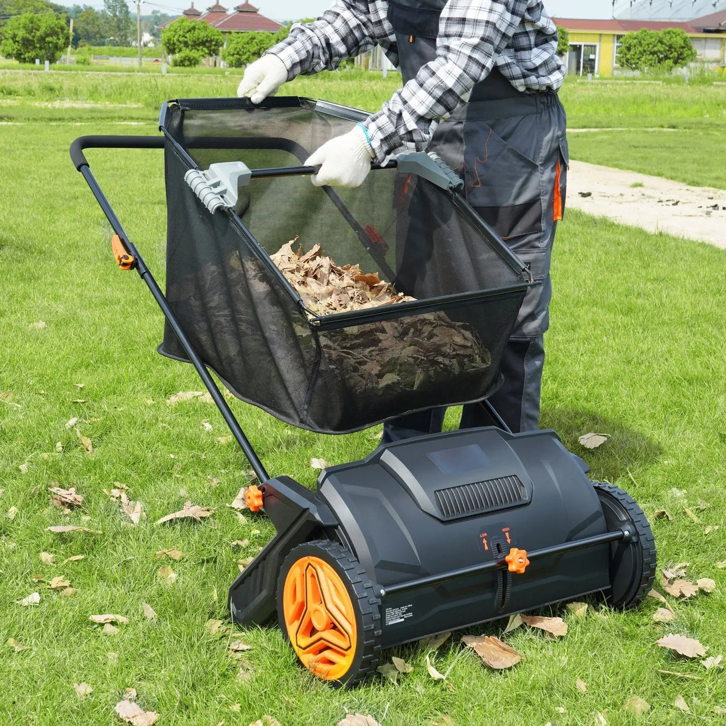 Push Lawn Sweeper 21 inch Heavy-Duty Thickened Steel Leaf And Grass Collector with Large 3.5 Cu Large Capacity for Easy Cleaning