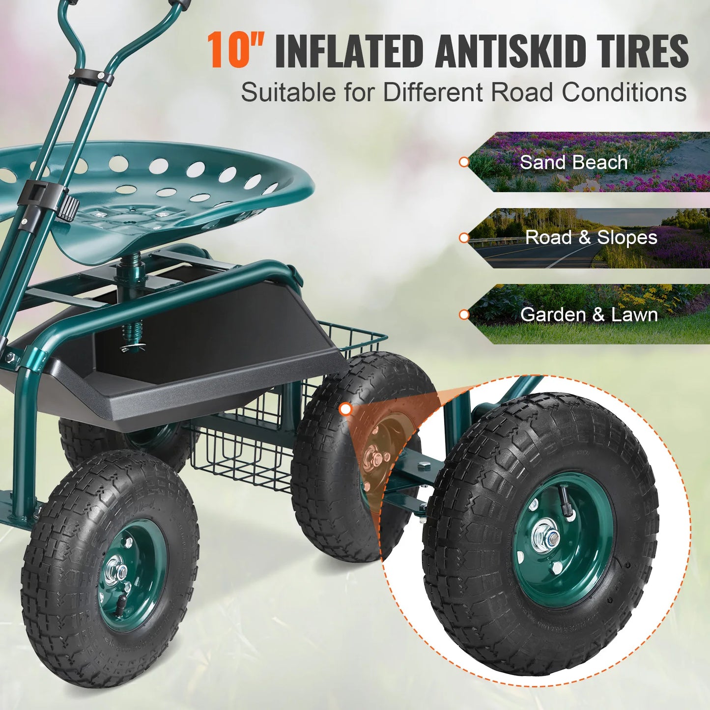 Rolling Workseat with Wheels Gardening Stool for Planting Degree Swivel Seat Wagon Scooter with Steering