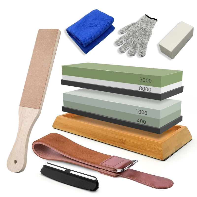 2in1 Professional Sharpening stones Knife sharpener Double-side Whetstone Grinder stone Watster stone Bamboo base Angle guide