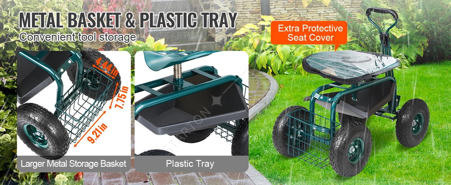 Rolling Workseat with Wheels Gardening Stool for Planting Degree Swivel Seat Wagon Scooter with Steering