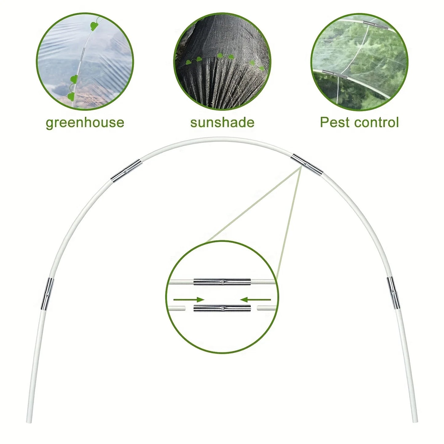 Greenhouse hoops suitable for DIY or wider plant tunnels, rust resistant fiberglass poles, and plant supported garden stakes