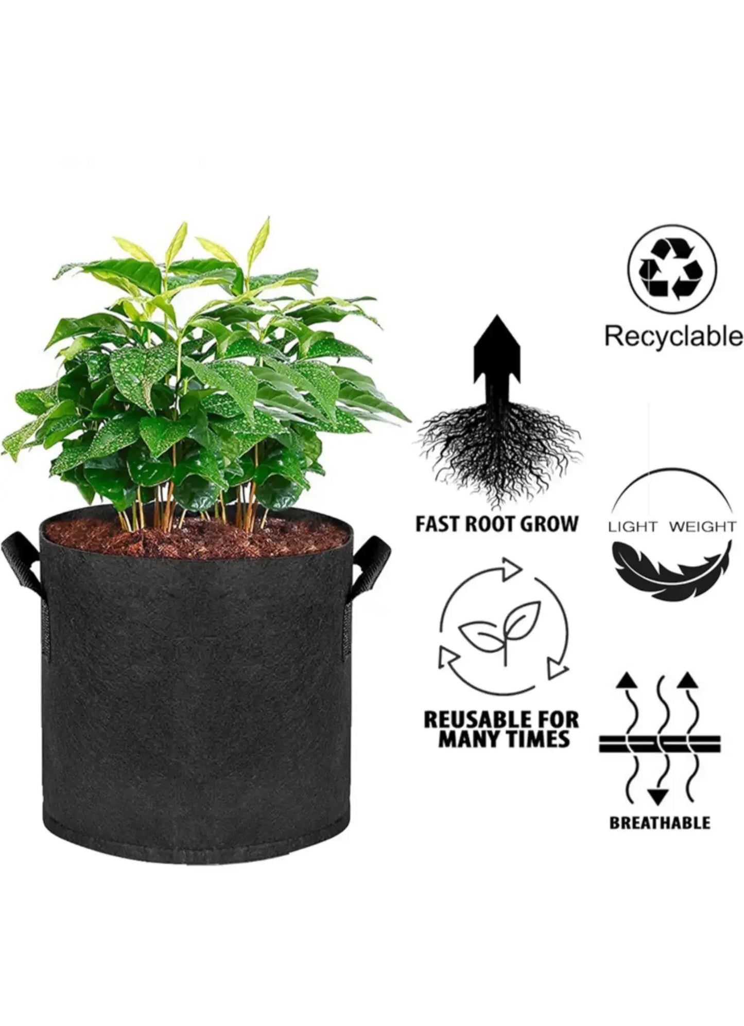 5-Pack Grow Bags/Aeration Fabric Pots with Handles(Available Capacities: 3 Gallon，4 Gallon, 5 Gallon, 7 Gallon, 30 Gallon)