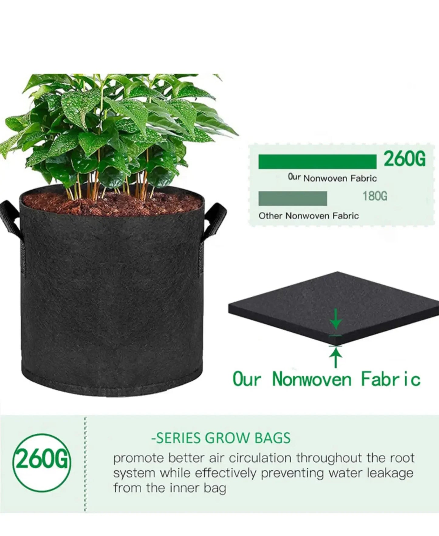5-Pack Grow Bags/Aeration Fabric Pots with Handles(Available Capacities: 3 Gallon，4 Gallon, 5 Gallon, 7 Gallon, 30 Gallon)