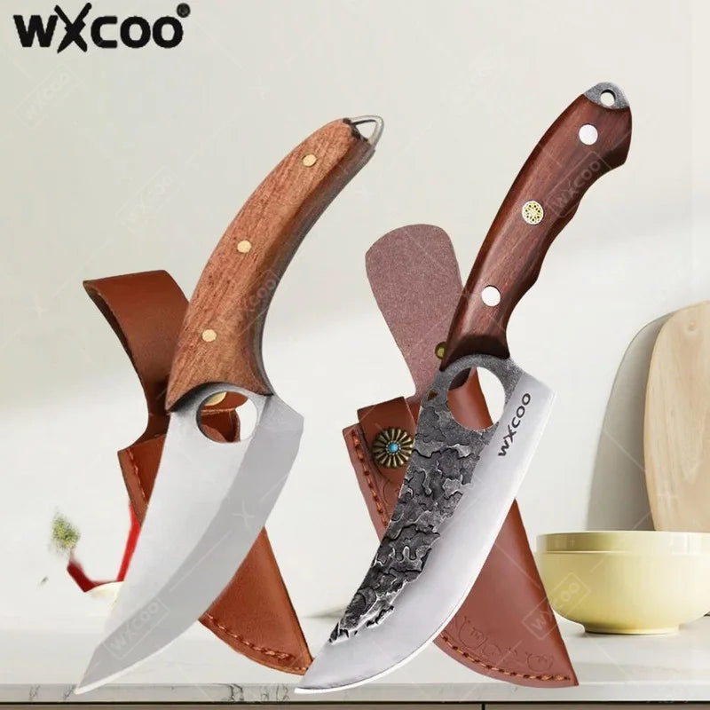 WXCOO Professional Kitchen Boning Knife Wooden Handle BBQ Knives Meat Eating Knife Butcher Knife Hammered Forged Stainless Steel