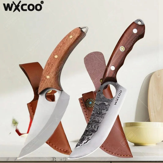 WXCOO Professional Kitchen Boning Knife Wooden Handle BBQ Knives Meat Eating Knife Butcher Knife Hammered Forged Stainless Steel