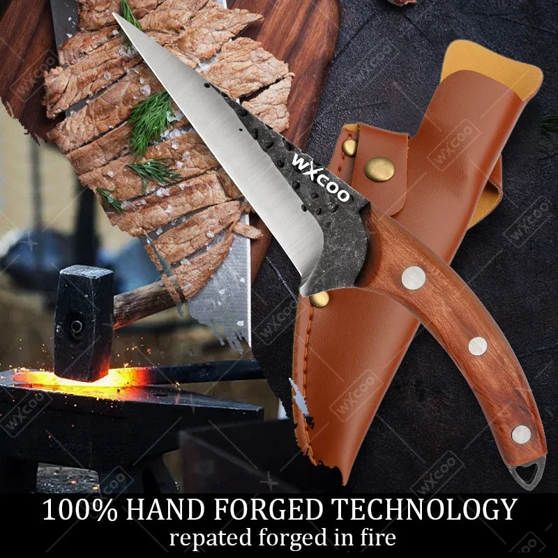 WXCOO Hand-Forged Butcher Knife Stainless Steel Kitchen Knife Full Tang Meat Cleaver Boning Chef Knife for Barbecue Cooking
