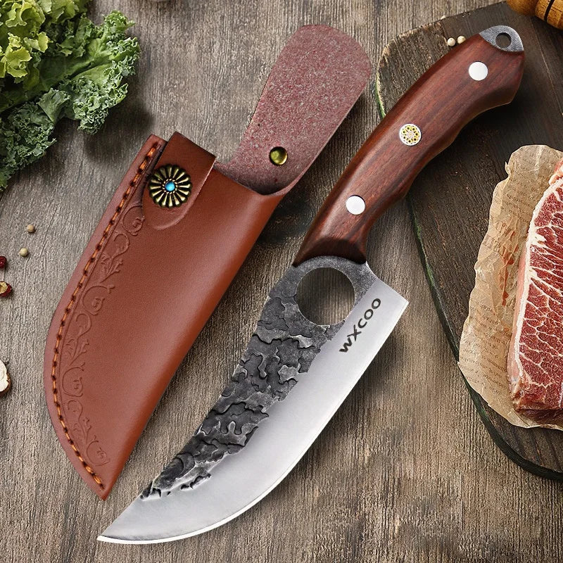 WXCOO Professional Kitchen Boning Knife Wooden Handle BBQ Knives Meat Eating Knife Butcher Knife Hammered Forged Stainless Steel