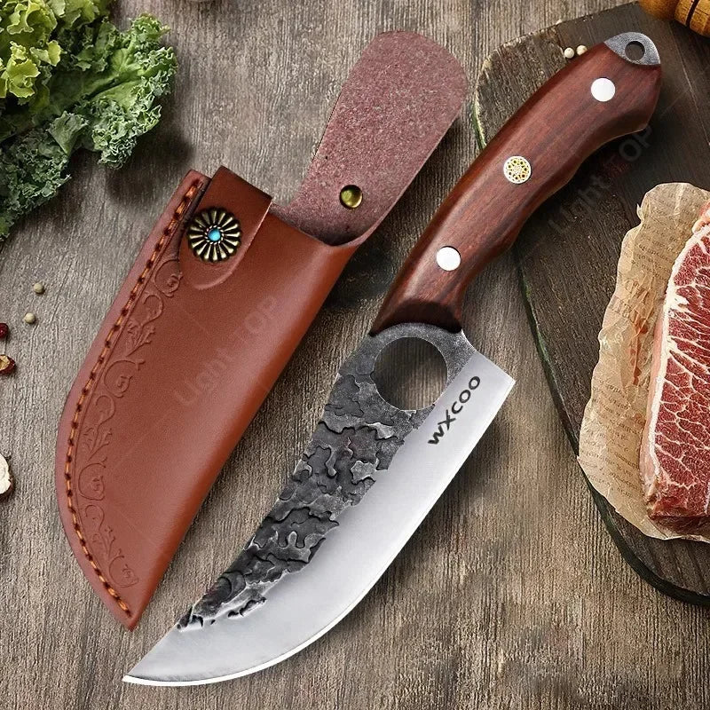 WXCOO Professional Kitchen Boning Knife Wooden Handle BBQ Knives Meat Eating Knife Butcher Knife Hammered Forged Stainless Steel
