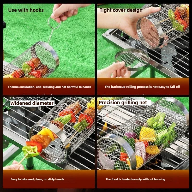 2pcs Rolling Grilling Baskets for Outdoor Grill Bbq Net Tube Stainless Steel Round Mesh Rotation Barbecue Cage grill Accessories