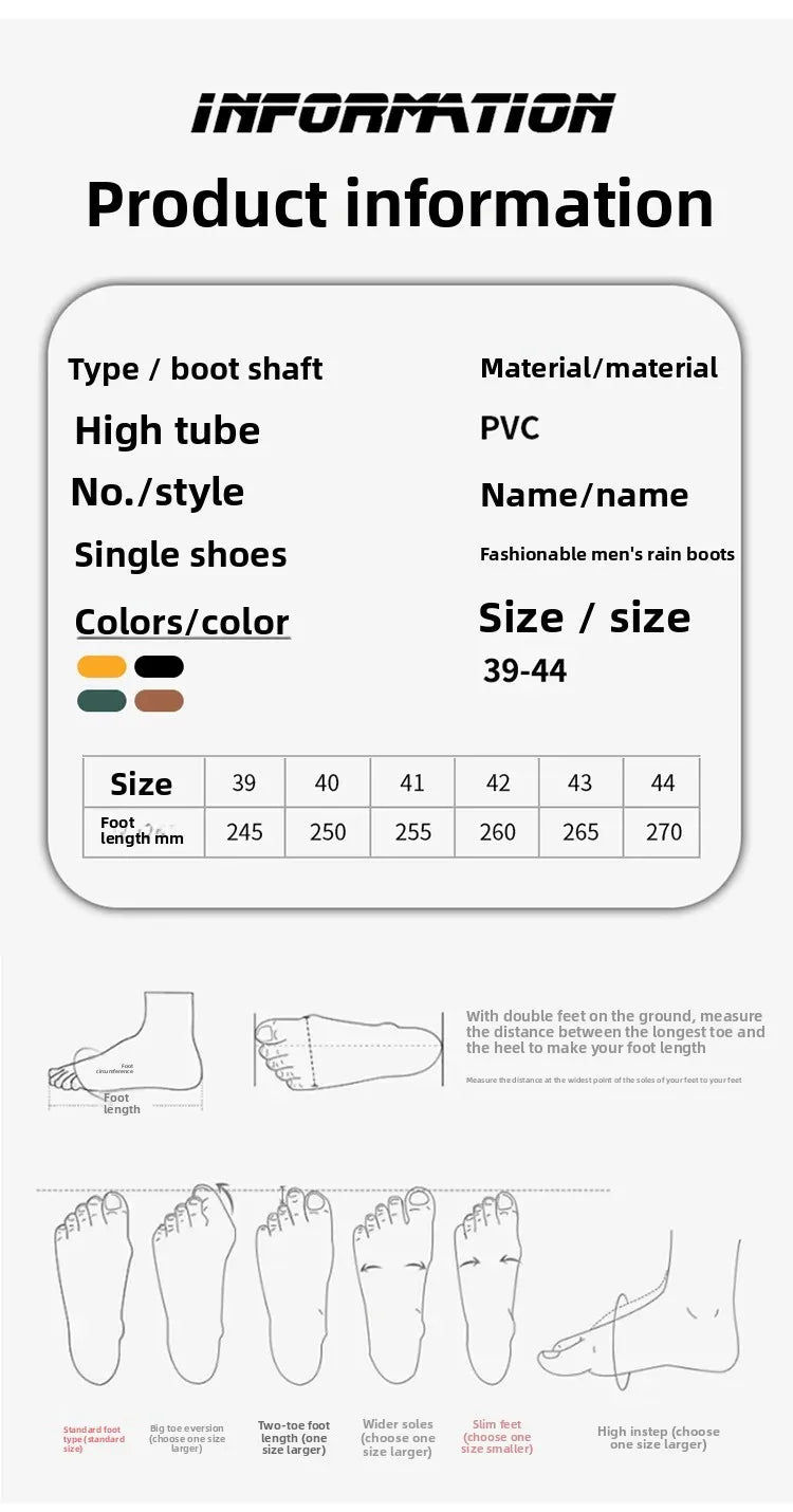 Men's Fashionable Long Tube Rain Boots Anti-Slip Waterproof Wear-Resistant Outdoor Fishing Car Wash Thick Bottom Shoes
