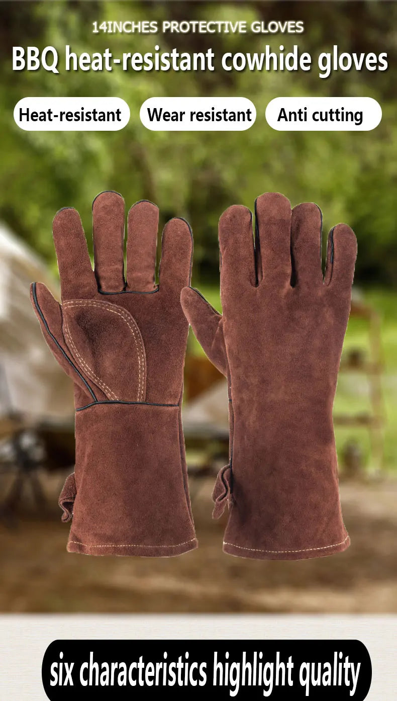 14 Inch Welding Gloves For Welder Work Gloves Thick Cow Split Leather Heat Resistant Oven BBQ Gloves For Grill Heat Insulation
