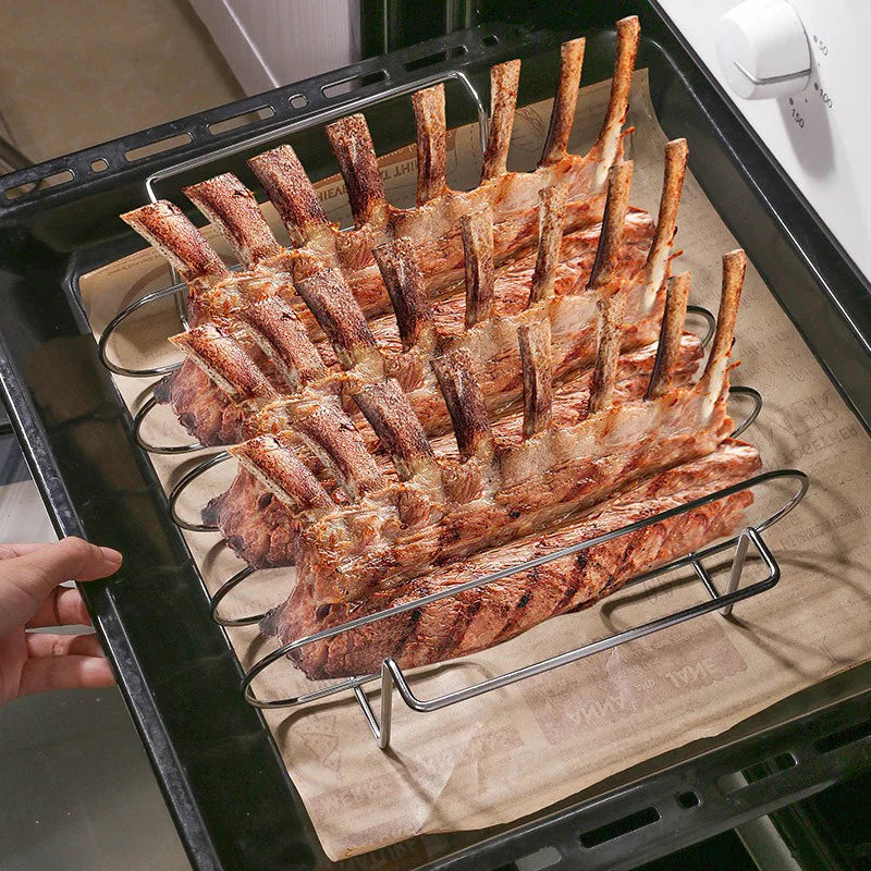 BBQ Steak Racks Non-Stick Coated Steel Roasting Barbecue Rib Meat Lamb Roasting Grilling Stand Holds Outdoor Picnic Rib Rack