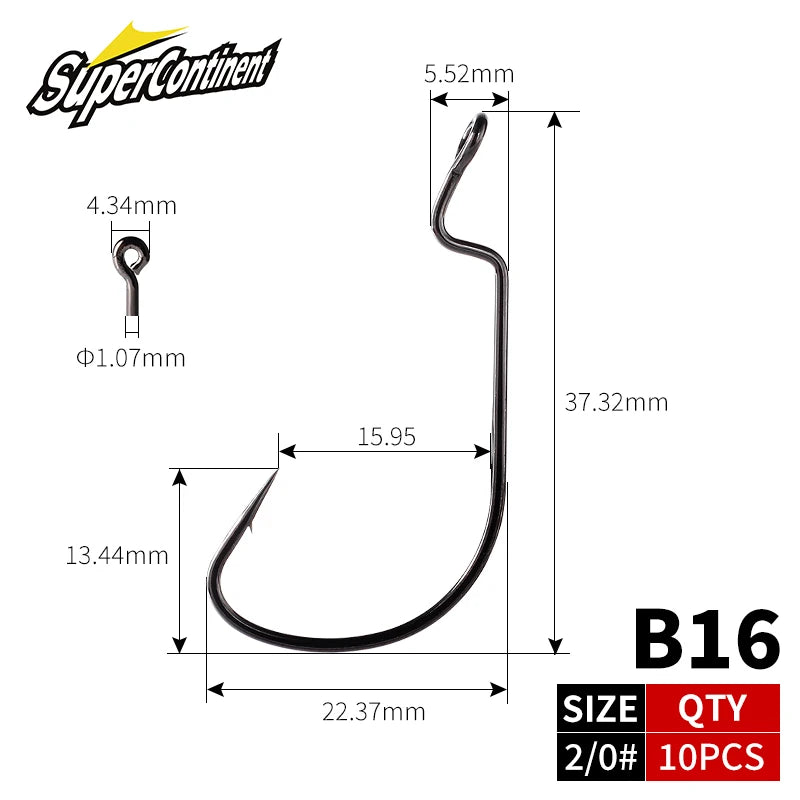 SUPERCONTINET 10pcs/lot Fishing Soft Worm Hooks High Carbon Steel Wide Super Lock Fishhooks Lure Softjerk Hooks