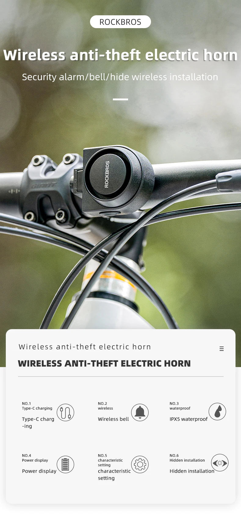 ROCKBROS Bicycle Bell Type-C Vibration Anti Theft Electric Bike Alarm Horn with Wireless Remote Control Security Alarm System