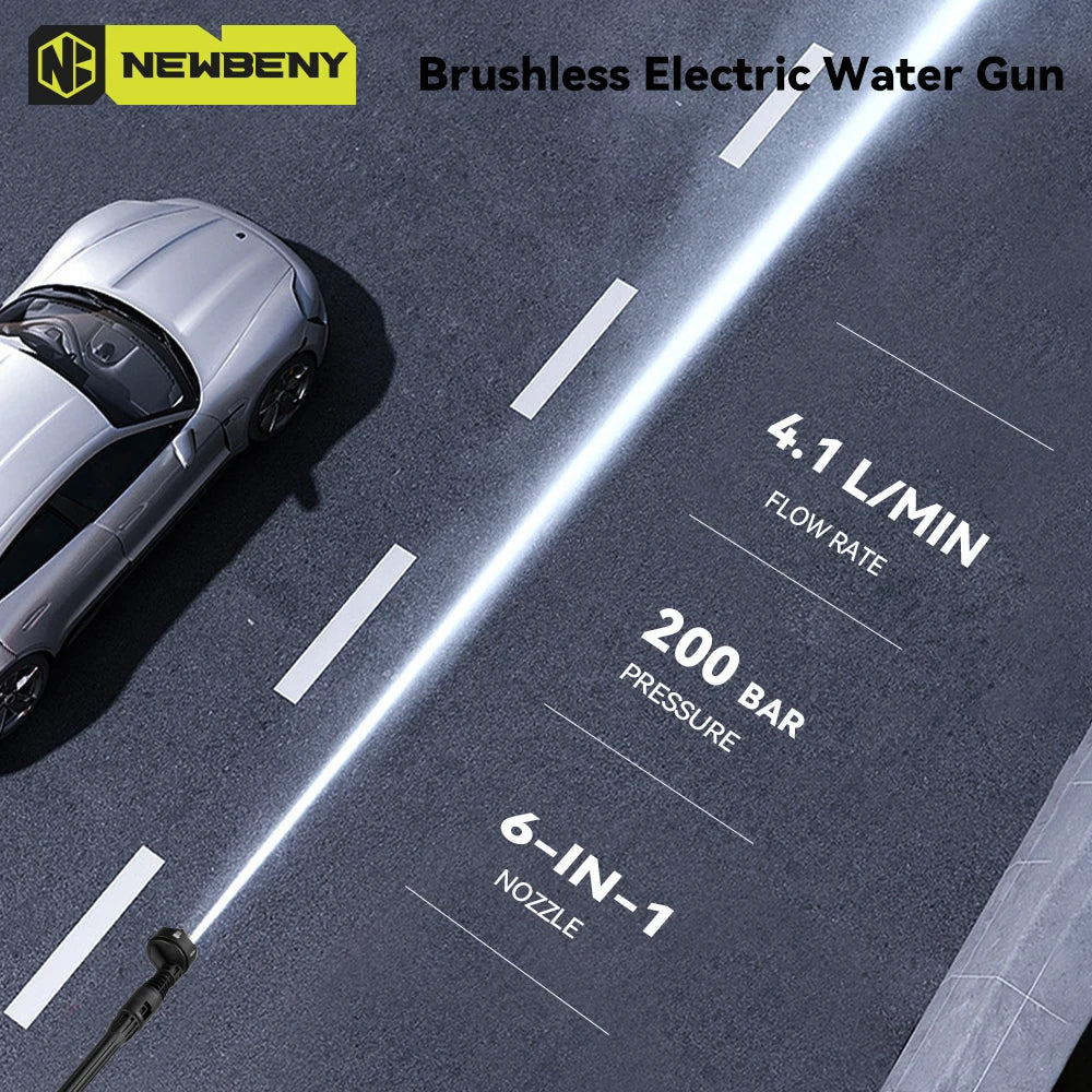 NEWBENY 200Bar Brushless High Pressure Car Washer Gun 6 IN 1 Electric Garden Washing Water Wash Spray Gun For Makita Battery Pin