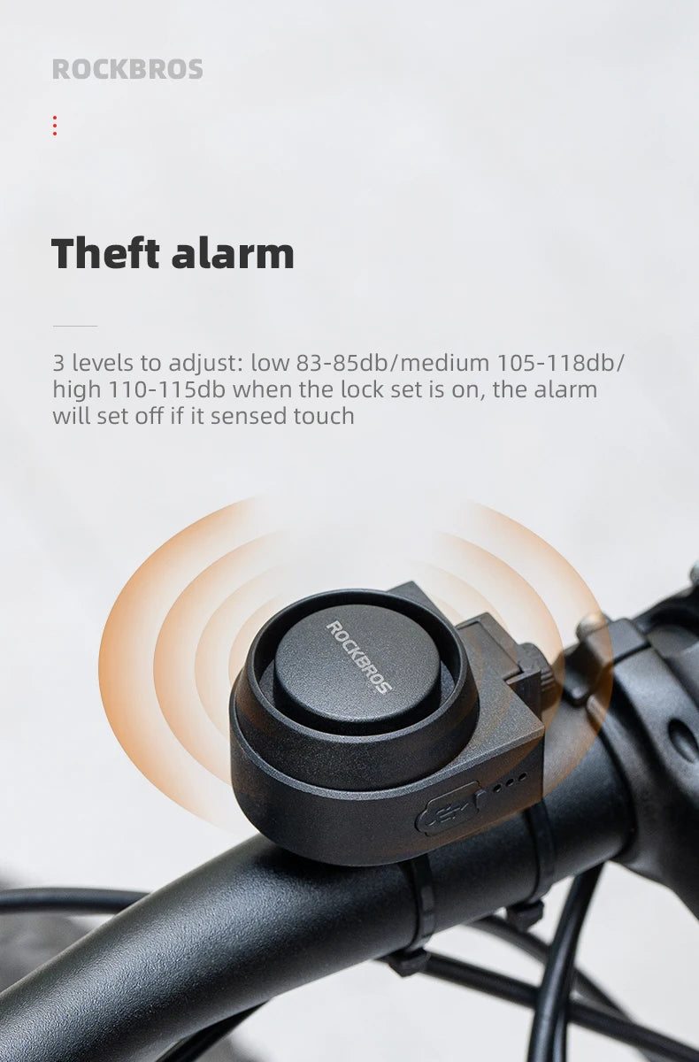 ROCKBROS Bicycle Bell Type-C Vibration Anti Theft Electric Bike Alarm Horn with Wireless Remote Control Security Alarm System