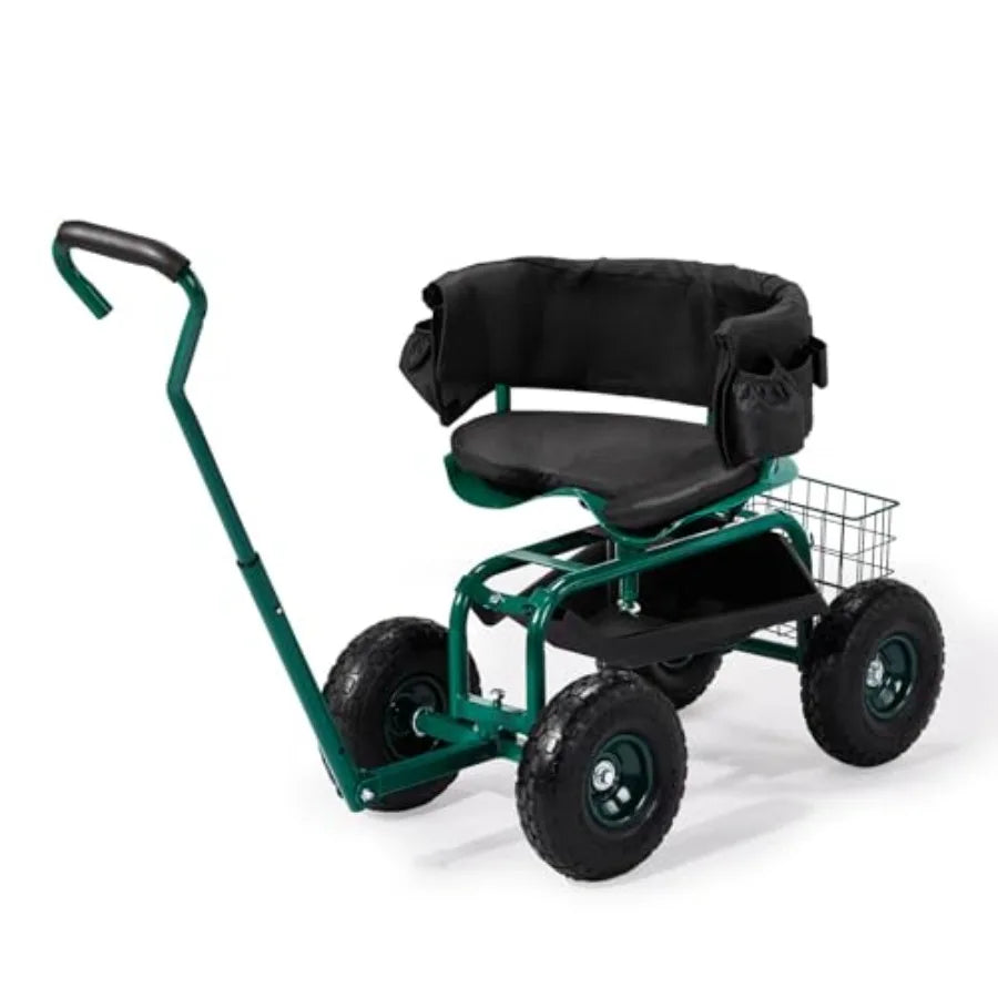 Garden Cart for Patio Backyard Lawn Outdoor Use: Green Steel Frame with Soft Rolling Seat Wheels Adjustable Steering Handle Uti