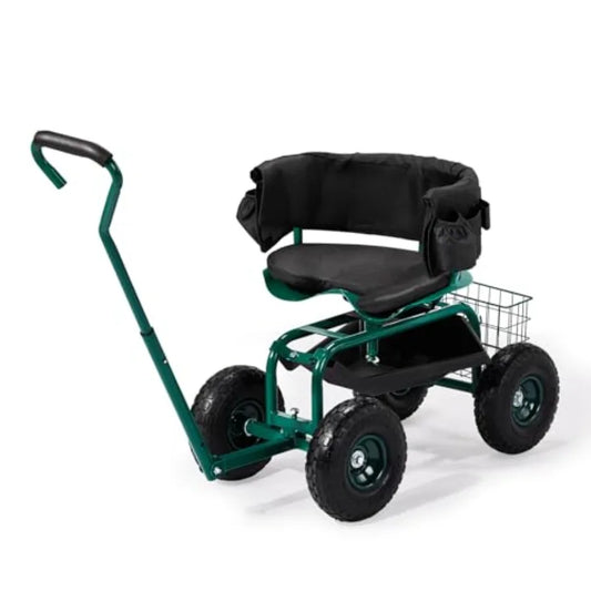 Garden Cart for Patio Backyard Lawn Outdoor Use: Green Steel Frame with Soft Rolling Seat Wheels Adjustable Steering Handle Uti