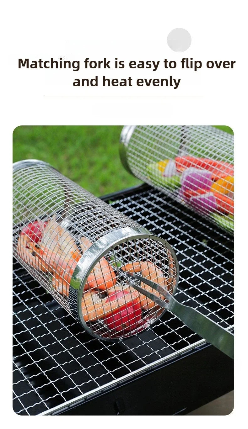 2pcs Rolling Grilling Baskets for Outdoor Grill Bbq Net Tube Stainless Steel Round Mesh Rotation Barbecue Cage grill Accessories