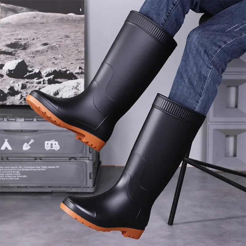 Men's Fashionable Long Tube Rain Boots Anti-Slip Waterproof Wear-Resistant Outdoor Fishing Car Wash Thick Bottom Shoes
