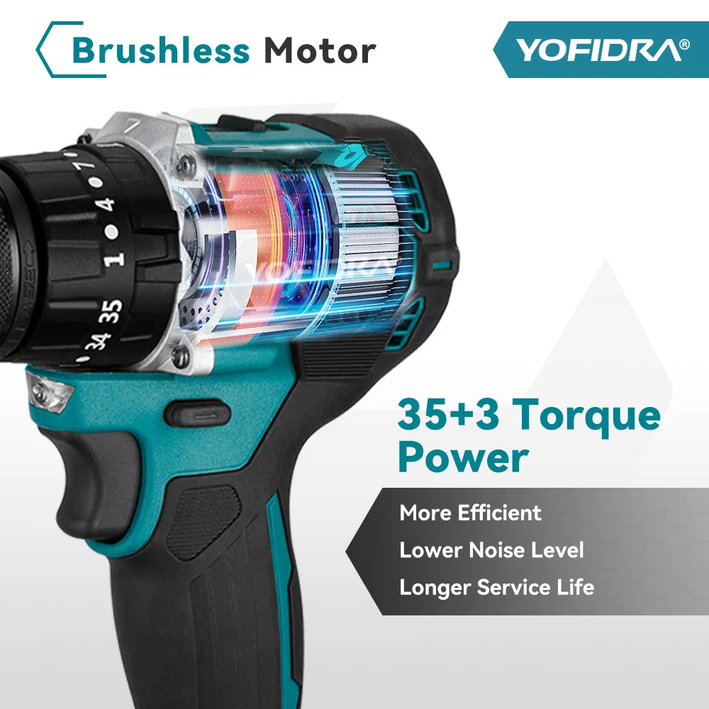 YOFIDRA 13mm 35+3 Torque Brushless Electric Impact Drill Cordless Screwdriver Househeld Power Tool For Makita 18V Battery Pin